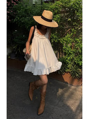 Lunivop White Sleeveless Ruffles Mini Dress Women Casual Boho Beach Sundress Cute Girl Home Dresses Loose Summer Dress Oversize