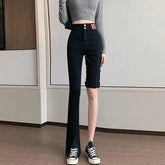Lunivop High Waist Straight Leg Black Denim Jeans Women's Spring Fashion Slit Elastic Micro Flare Trousers Korean Design Sensation