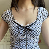 Lunivop Summer Euramerican Sweet Spliced Lace Edge O Neck Short Sleeve T Shirts Y2k Constrast Color Plaid Slim Top Bow Appliques Tees