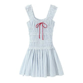 Lunivop Sexy Blue White Striped Elastic Strap Slash Shoulder Dress Folded Elastic Waist Swing A-line Short Tank Robe Holiday Woman