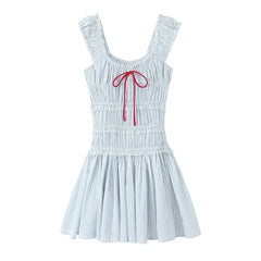 Lunivop Sexy Blue White Striped Elastic Strap Slash Shoulder Dress Folded Elastic Waist Swing A-line Short Tank Robe Holiday Woman