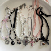 Lunivop Gothic Cute Y2K Stainless Steel Bow Heart Pink Cross Pendant Beaded Pearl Snake Chain Necklace For Egirl 2000s EMO Acssesories