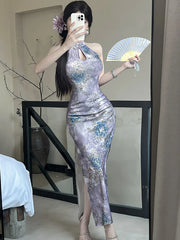 Lunivop Summer Purple Floral Stand Collar Cheongsam Dress Women Korean Luxury Elegant Dress Gown 2025 Vintage Bodycon Party Night Dress