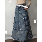 Lunivop Autumn Women Blue Denim Pocket Half Body Skirt High Waist Casual Korean Mid Length Baggy Vintage Straight Denim Long Skirt