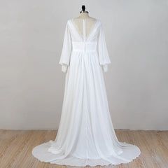 Lunivop V-Neck Full Sleeves Wedding Dress A Line Chiffon Bridal Gowns New Summer Lace White Women Dress