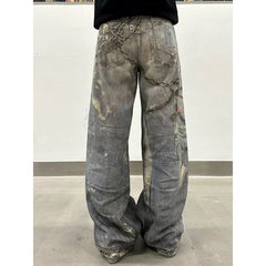 Lunivop Autumn Blue High Street Chain Print Frayed Washed Baggy Jeans Women Y2k 90s Casual Loose Denim Trousers Casual Pants