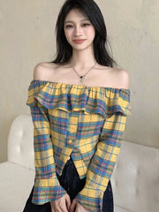Lunivop Ruffles Off Shoulder Plaid Shirt Women Flare Sleeve Slim Sexy Slash Neck Blouse Korean Vintage Female Sweet Elegant Tops