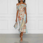 Lunivop Elegant Party Bodycon Maxi Dress Women Summer Sexy Sleeveless Off Shoulder Floral Print Long Dresses Casual