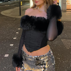 Lunivop BKLD Sexy Y2K Hottie Faux Fur Patchwork Slash Neck Long-sleeved Open Back Bodycon Single-breasted Corset Cropped Tops Streetwear