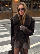 Lunivop Retro Faux Fur Collar Suede Short Coats Women Elegant Lapel Lace Up Long Sleeved Jackets Lady Autumn Solid High Street Outwear