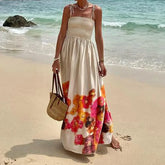 Lunivop Women Backless High Waist Vacation A-line Dress Summer Sleeveless Floral Long Slash Neck Spaghetti Strap Sundress
