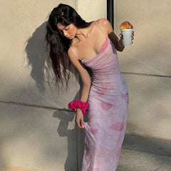 Lunivop Mesh Print Spaghetti Bodycon Backelss Women'S Dresses Beach Vacation Elegant Evening Casual Outfit Summer Y2K Streetwear