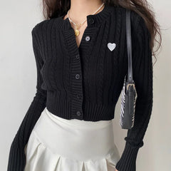 Lunivop Women Cable Twist Knitted Cardigan With Embroidery Heart Patch 100% Cotton Round neck Center Buttons Sweater Long sleeve Jumper