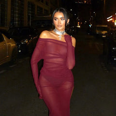 Lunivop Sexy Slash Neck Off Shoulder Mesh See Through Maxi Dress Women Long Sleeve High Slit Pullover 2024 Summer Beach Clothes