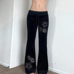 Lunivop Euramerican Spice Woemn Star Hot Diamond Print Casual Pants Y2k Spliced Low Waist Drawstring Trousers Harajuku Velvet Flare Pant