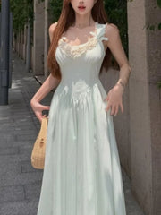 Lunivop French Style Lace Patchwork Bow Sleeveless Sweet Dresses Backless Elegant Square Collar Party Dress Female Waist A -line New