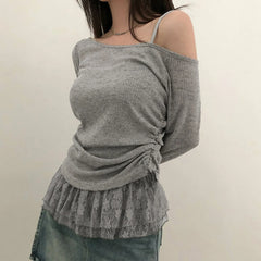Lunivop Korean Style Sweet Slant Shoulder Lace Patchwork Ruched Long Sleeve T-Shirts Simple Solid Color Slim Fit Daily Casual Tops