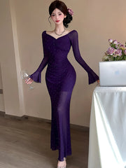 Lunivop Spring Summer Red Mesh Diamonds Polka Dot Dress Women Long Sleeve Elegant Luxury Dress Gown Korean Vintage Bodycon Vestidos