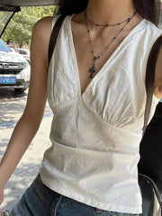 Lunivop Simple Sexy Deep V-neck Tank Tops Women Summer New Cotton Soft White Lace-up Slim Sleeveless Tees Vintage Streetwear Sweet Vests