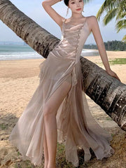 Lunivop Women's Summer Elegant Backless Long Dresses New Fashion Spaghetti Strap Evening Party Prom Split Bandage Ruffled Sexy Dress