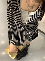 Lunivop Harajuku Y2k Top Black Gray Striped Cardigan Autumn Loose Casual Long-Sleeved Top Woman Clothes Grunge Korean Fashion