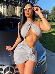 Lunivop Halter Solid Hollow Out Sexy Mini Dress Summer Women Fashion Outfits Vacation Rave Party Y2K Clothing