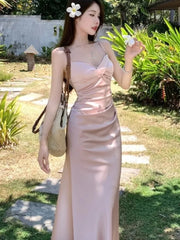 Lunivop Sexy Backless Satin Straps Midi Dresses for Women Summer Elegant Party Sleeveless Female Beach Holiday Pink Clothing