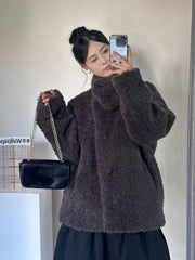 Lunivop Japan Cute Faux Lamb Coat Women Loose Long Sleeve Winter Warm Retro Jacket Casual Stand Collar Preppy Style Pockets New Top