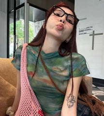 Lunivop Summer New All-match Tops Mujer Mesh Short Sleeve T-shirt for Women Y2k E-Girl Slim Fit Irregular Print Tee Shirt