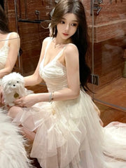 Lunivop Patchwork V Neck Sleeveless Slim Elegant Backless Spring Summer Women's Short Front Long Back Party White Sing Dress