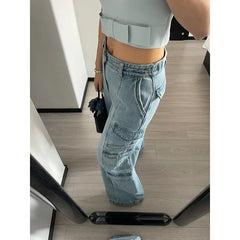 Lunivop Street Vintage Jeans New Y2K Harajuku Wash Blue Multiple pockets Baggy Jeans Denim Pants Womens High Waist Wide Trousers