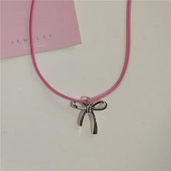 Lunivop Goth Y2K Bowknot Pendant Pink Black Leather Rope Necklace For Girl Aesthetic EMO 2000s Antique Silver Color Jewelry Accessories