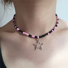 Lunivop Goth Y2K Cute Star Cross Pendant Black Pink Beaded Chain Necklace Egirl 2000s EMO Harajuku Aesthetic Grunge Jewelry Accessories