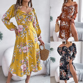 Lunivop Spring and Summer New Sexy Lace-up Knot Dress, Flower Print Long-sleeved Split-neck Square Dress, Women's Clothing