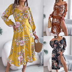 Lunivop Spring and Summer New Sexy Lace-up Knot Dress, Flower Print Long-sleeved Split-neck Square Dress, Women's Clothing