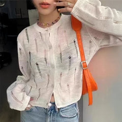 Lunivop Distressed Button Front Knit Top Sweater Cardigan Women Long Sleeve Ripped Blouse Summer Cover Up Teen-girl Grunge Y2K Outfit