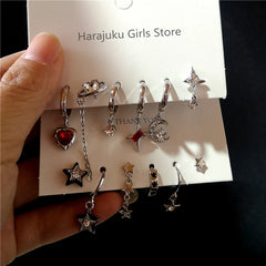 Lunivop 6PCS Kpop Goth Red Zircon Crystal Star Corss Moon Heart Dangle Earrings Set For Women Trend Men Punk Cool Aesthetic Y2K Jewelry