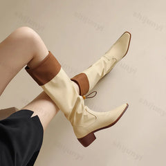 Lunivop New Patchwork Leather Women Pointed Toe Platform Knee High Boots Female Autumn Winter Chunky Knight Boots High Heels Boots