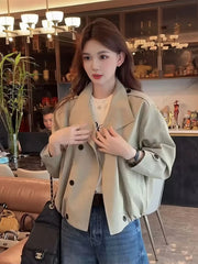 Lunivop England Stand Collar Jacket Women Loose Long Sleeve Vintage Short Coat Fall Causal Double Breasted Lady Elegant Design Tops