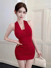 Lunivop Woman Dress Sleeveless Sexy Halter Slim Backless Bow Backless Solid Elegant Summer Fashion Party Mini Dresses Chic