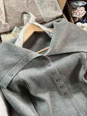 Lunivop Vintage Fake Two Pieces Lace Halter T-shirt Women Sexy Off Shoulder Single Breasted Slim Long Sleeve Tees Sweet Gray Knit Tshirt