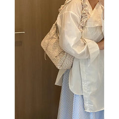 Lunivop Fairycore Floral Canvas Shoulder Bags Women Harajuku Drawstring Chic Casual Handbag Female Sweet Cute Messenger Bag Y2k