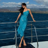 Lunivop Blue Chiffon Holiday Dress for Women Fashion Serpentine Print Midi Beach Dresses Sexy One Shoulder Slim Irregular Y2K Dress 2024