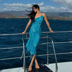 Lunivop Blue Chiffon Holiday Dress for Women Fashion Serpentine Print Midi Beach Dresses Sexy One Shoulder Slim Irregular Y2K Dress 2024