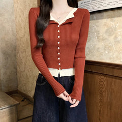 Lunivop V-neck Fake Two Long-sleeved Short Slim Early Autumn Sweaters with Bottoming Shirts in 2025