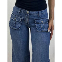 Lunivop Y2K Flare Low Rise Jeans Pants For Woman Cargo Baggy Trousers Aesthetic Streetwear Pockets Hippie Denim Bell Bottom CasualOutfit