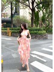 Lunivop Dresses Women Ruffles Patchwork Sleeveless Halter Tie Dye Slim Summer Fashion Elegant Temperament Dress Party Holiday