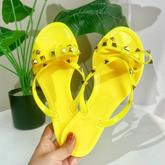 Lunivop Ladies Leisure Waterproof Shoes Summer Zoris Slippers In Flats Clear Yellow Flip-Flops With Gold Stud Bow-Knot PVC Slides 36-42