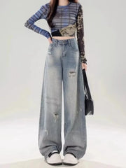Lunivop American Retro Ripped Jeans for Women 2025 Summer Thin High Waist Slimming Loose Straight Wide-leg Floor Trousers Underpants
