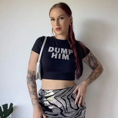 Lunivop Women's Summer American Fashion Letter Printed Crew Neck Pullover Short Top Versatile New